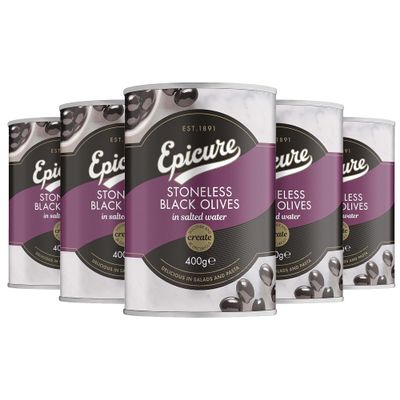 Epicure Mediterranean Stoneless Black Olives in Salted Water Whole Briny Olives for Creative Cooking, 400 g (Pack of 12)