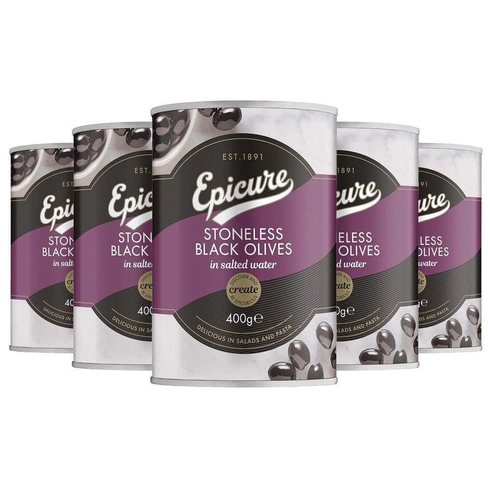Epicure Mediterranean Stoneless Black Olives in Salted Water Whole Briny Olives for Creative Cooking, 400 g (Pack of 12)