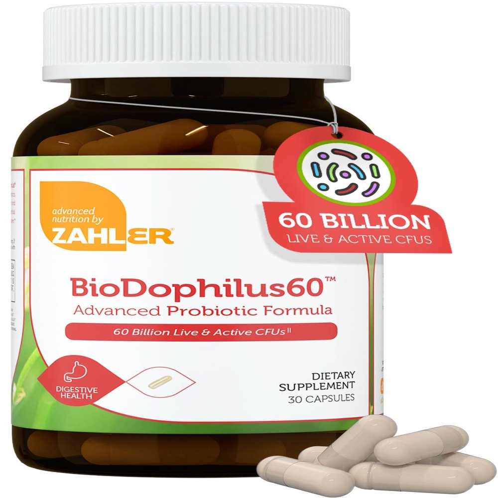 Zahler Biodophilus, All Natural Advanced Probiotic and Prebiotic Supplement, Promotes Digestive Health, 60 Billion Live Cultures and Intestinal Flora Per Serving, Optimal and Most Potent Acidophilus Supplement, Certified Kosher, 30 Capsules