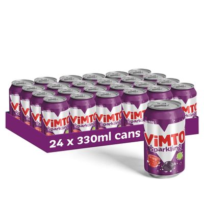 Vimto Fizzy Fruit Juice Drink Blackcurrant, Grape & Raspberry 24 x 330ml Cans Sparkling Mixed Fruit Flavour Vegetarian Real Juice from Concentrate