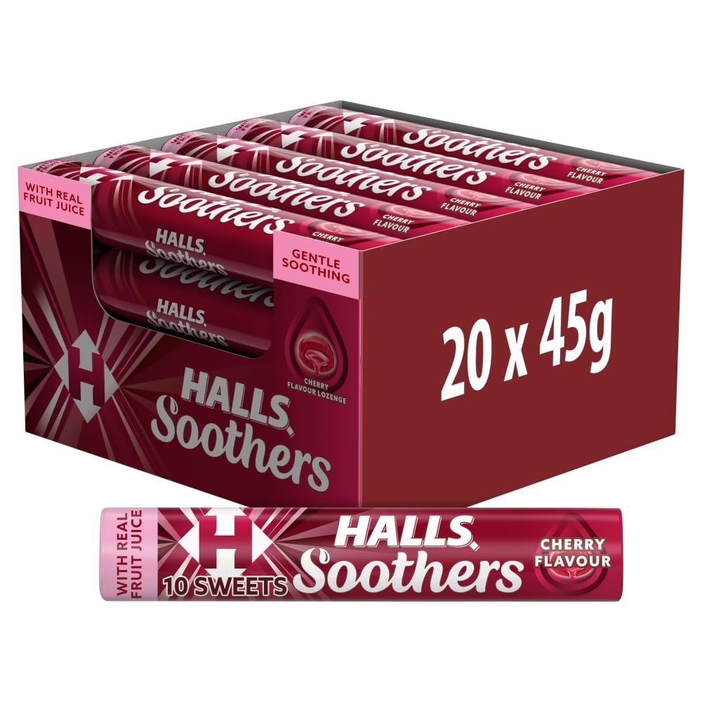 Halls Soothers Cherry Flavour Lozenges, Gentle Soothing with Real Fruit Juice, 45 g (Pack of 20)
