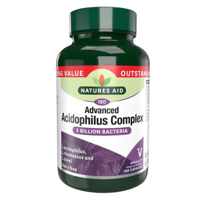 Natures Aid Acidophilus Complex 5 Billion Bacteria CFU High Strength Supplement Lactobacillus Acidophilus Rhamnosus Casei Supports Digestive & Immune Health Vegan Gluten-Free Non-GMO 180 Capsules