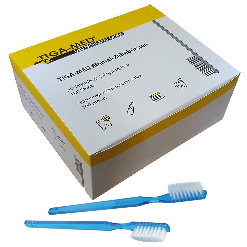 TIGA-MED 100 Pack Disposable Toothbrushes with Toothpaste | Individually Wrapped Single-Use Toothbrushes for Travel, Hotel Guests, Hospitals & Emergency Kits | No Water Required