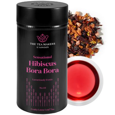 Hibiscus Tea Loose Leaf Bora Bora - Natural Blend of Hibiscus Blossoms Flowers, & Fruit Chunks by The Tea Makers of London - 125g caddy
