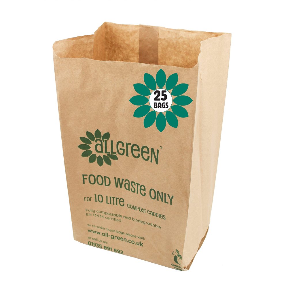 10 Litre x 25 Paper Compostable Bags Kitchen Caddy Liners - Food Waste Bin Liners - EcoSack 10L Biodegradable Bags with Composting Guide