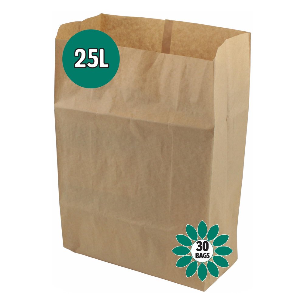 25 Litre x 30 Paper Compostable Bags Kitchen Caddy Liners - Food Waste Bin Liners - EcoSack 25L Biodegradable Bags with Composting Guide