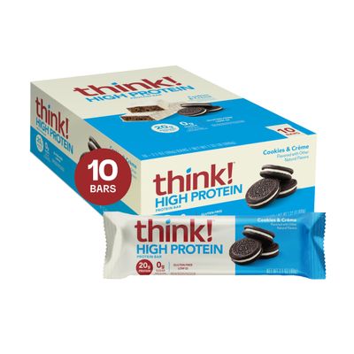 think! Protein Bars, High Protein Snacks, Gluten Free, Kosher Friendly, Cookies and Crme, Nutrition Bars, 2.1 Oz per Bar, 10 Count (Packaging May Vary)