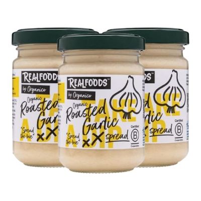 Realfoods by Organico | Organic Roasted Garlic Spread - Bold Italian & Farm-Fresh Flavour from Puglia, 140g (Pack of 3)
