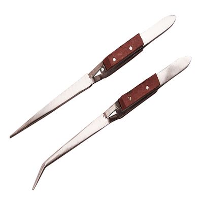 Amtech Wooden Handle Tweezer Set, Stainless Steel Precision Straight & Curved Tweezers with Ergonomic Timber Grips, 2-Piece Set for Craft, Electronics & Detail Work