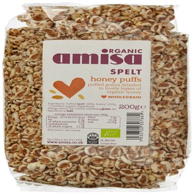 Amisa Organic Spelt Puffs with Honey 200g, Pack of 6 - High Fibre, Nutrient-Rich Cereal