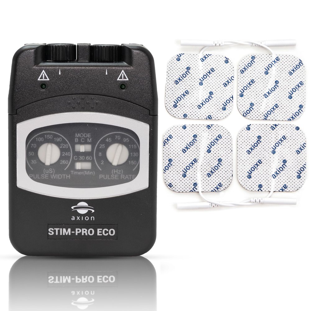 axion Dual Channel TENS Machine for Pain Relief STIM-PRO ECO Including 4 2x2'' Electrode Pads | Freely Adjustable parameters and stepless Intensity Control | Certified Medical Device