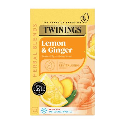 Twinings Lemon and Ginger Flavoured Tea - 80 Biodegradable Bags (Multipack of 4 x 20), Caffeine-Free Herbal Tea with Zesty Lemon & Spicy Ginger Flavor, Refreshing & Soothing Beverage