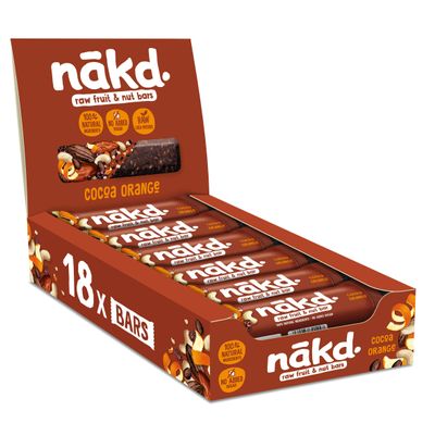 Nakd Cocoa Orange Natural Fruit & Nut Bars - Vegan - Gluten Free - Healthy Snack, 35 g (Pack of 18)
