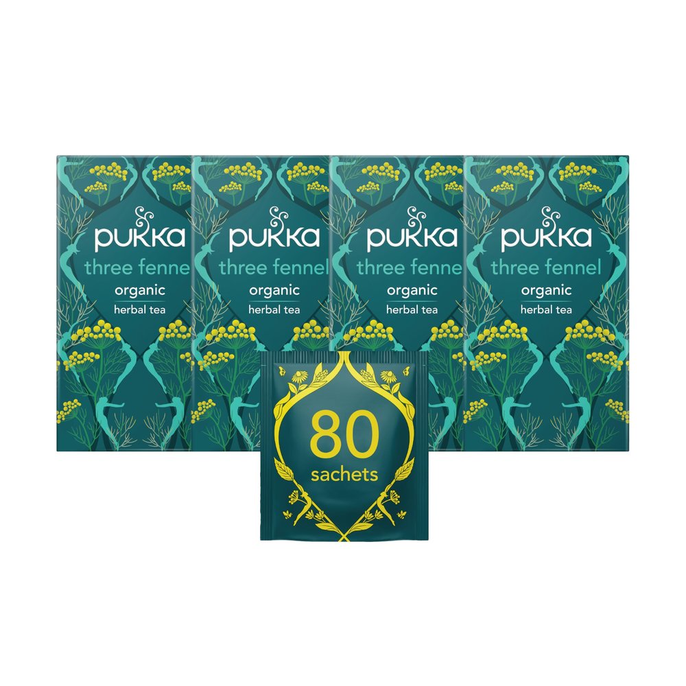 Pukka Herbs | Three Fennel Organic Herbal Tea Box | Sweet & Wild Fennel Seeds & Leaf | Ideal For Digestion | Caffeine Free | 4 Packs | 80 Plant Based Biodegradable Tea Bags