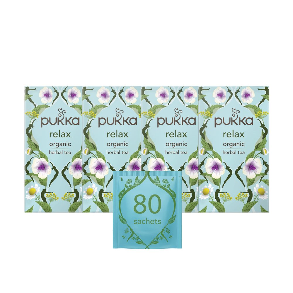 Pukka Herbs | Relax Organic Herbal Tea Box | Tea Infusion With Chamomile, Cardamon and Fennel | Perfect For Calming | Caffeine Free | 4 Packs | 80 Plant Based Biodegradable Tea Bags