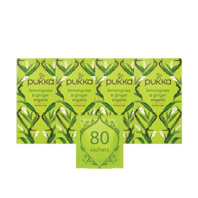 Pukka Herbs | Lemongrass & Ginger Organic Herbal Tea | Lemongrass, Ginger, Lemon Verbena Leaf and Licorice | Perfect For Feeling Strong | 4 Pack | 80 Sachets
