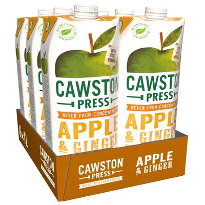 Cawston Press Apple & Ginger Pressed Juice - 1 Litre Pack of Juice Cartons All Natural Vegan No Added Sugar, (Pack of 6)