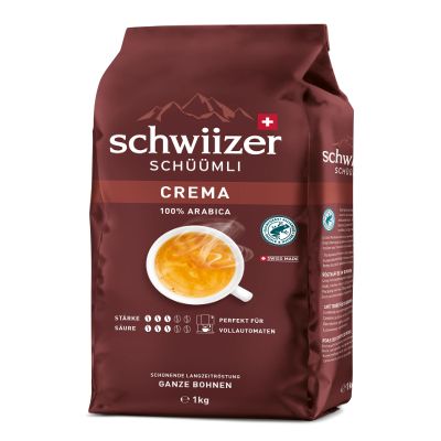 Schwiizer Schmli Crema 100% Arabica beans, aromatic and full-bodied, ideal for automatic machines, intensity 3/5, medium roast, Rainforest Alliance, 1 kg