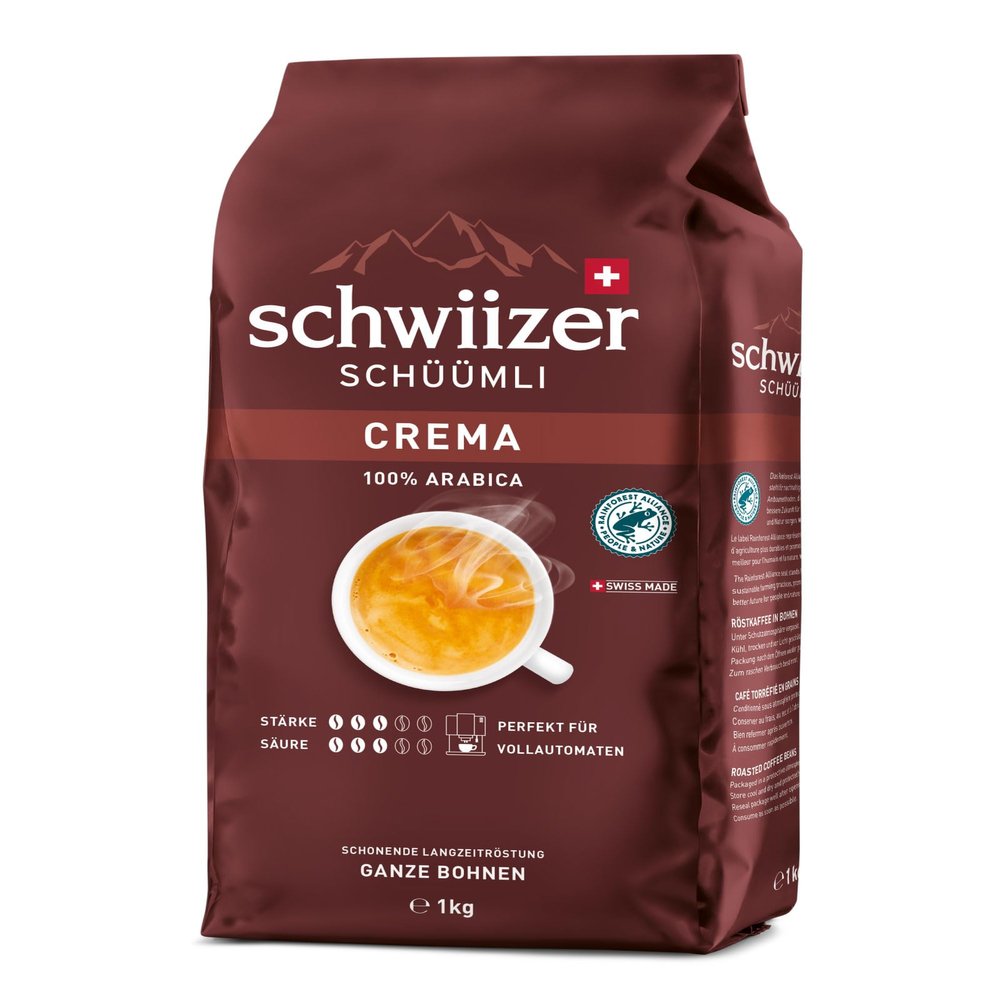 Schwiizer Schmli Crema 100% Arabica beans, aromatic and full-bodied, ideal for automatic machines, intensity 3/5, medium roast, Rainforest Alliance, 1 kg