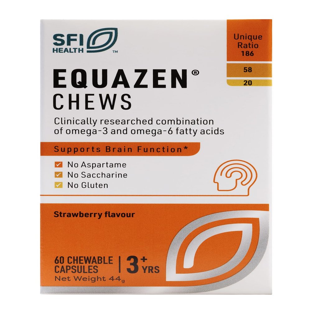 EQUAZEN Chews | Omega 3 & 6 Supplement | Blend of DHA, EPA & GLA | Supports Brain Function | Suitable for Children from 3+ to Adults | 60 Strawberry Flavoured Chews