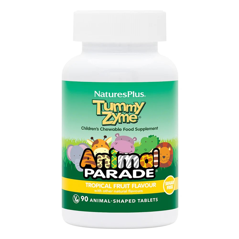 NaturesPlus Animal Parade Tummy Zyme Childrens Digestion Support - Active Enzymes, Lactase, Live Probiotics - Vegetarian, Gluten Free - Tropical Fruit Flavour, 90 Chewables