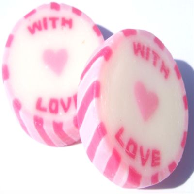 100 x Pink Wedding Favour Wrapped Rock Sweets with WITH LOVE. Strawberry & Cream Flavour