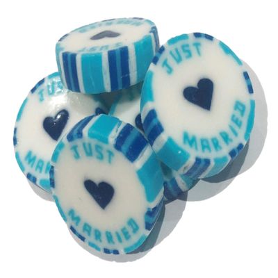100 x Navy Blue and Turquoise Wedding Favour Wrapped Rock Sweets with JUST MARRIED. Pineapple Crush Flavour