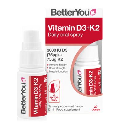BetterYou Vitamin D3 K2 Oral Spray, Fast Acting Vitamin D 3000 IU + Vitamin K2 (MK7) Supplement, Supports Bones, Teeth, Immune System & Blood Clotting, 1-Month Supply, Natural Peppermint Flavour
