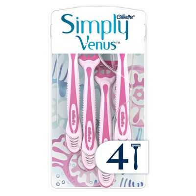 Gillette Simply Venus3 Disposable Razors for Women With 3 Blades, Moisture Strip for Smooth and Protected Skin, Pack of 4