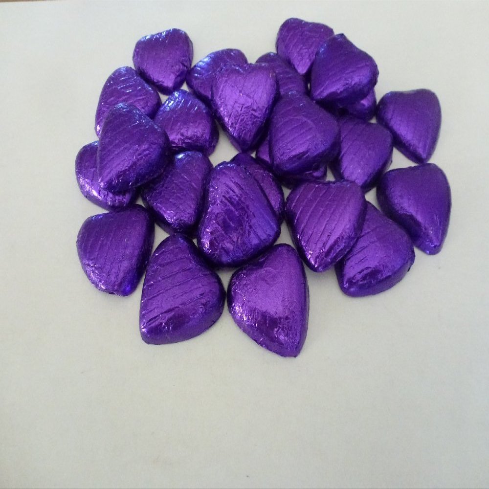 PURPLE FOIL CHOCOLATE LOVE HEARTS WEDDING FAVOURS X60