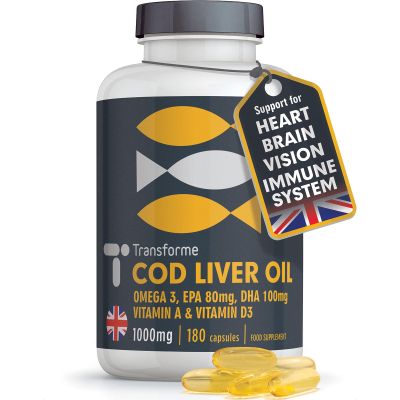 Cod Liver Oil Capsules High Strength 1000mg 180 Omega 3 Softgels, EPA DHA Vitamin A, Vitamin D3, 6 Month Supply, Heart, Brain, Eye Health and Immune System Support, Gluten Free, UK Made, by Transforme
