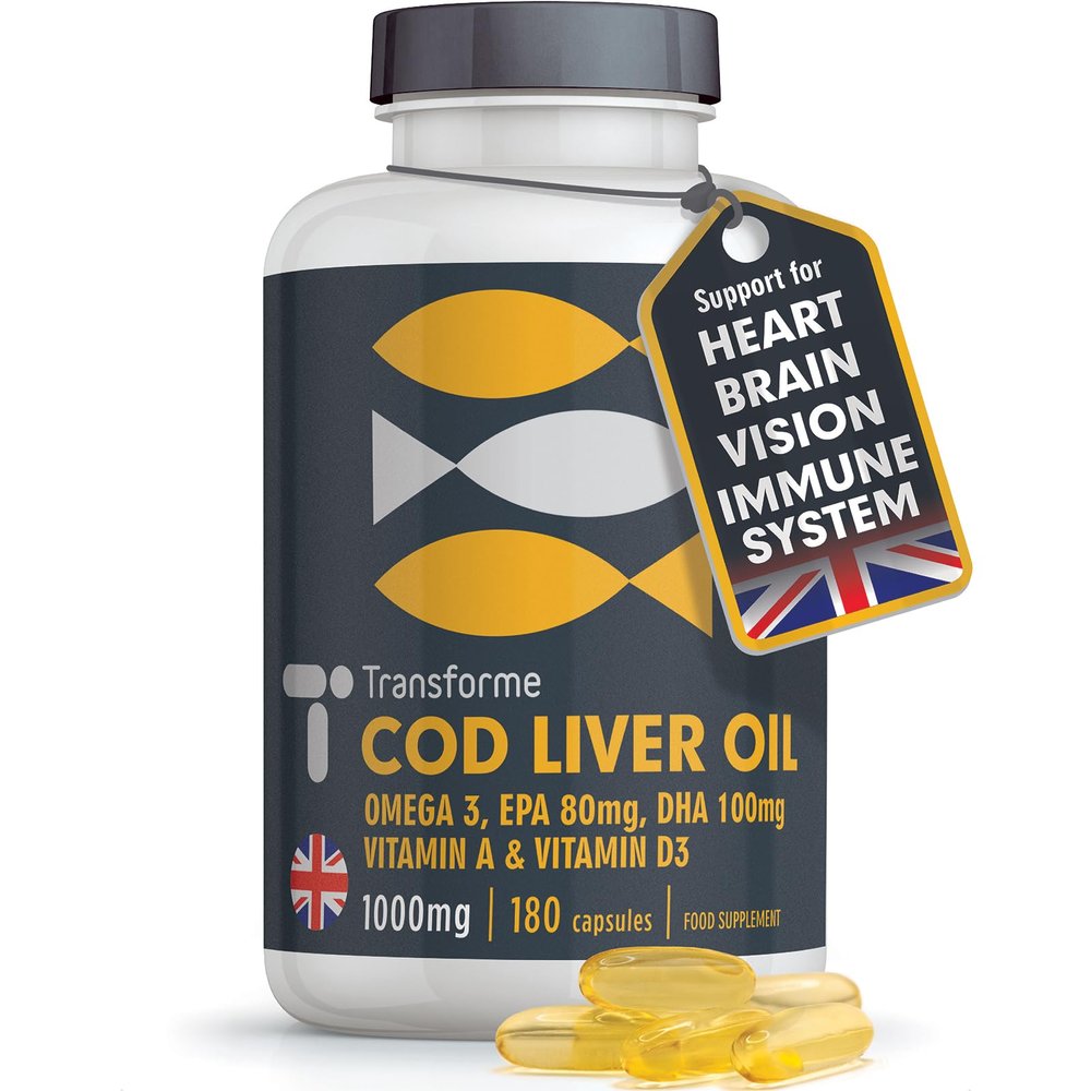 Cod Liver Oil Capsules High Strength 1000mg 180 Omega 3 Softgels, EPA DHA Vitamin A, Vitamin D3, 6 Month Supply, Heart, Brain, Eye Health and Immune System Support, Gluten Free, UK Made, by Transforme