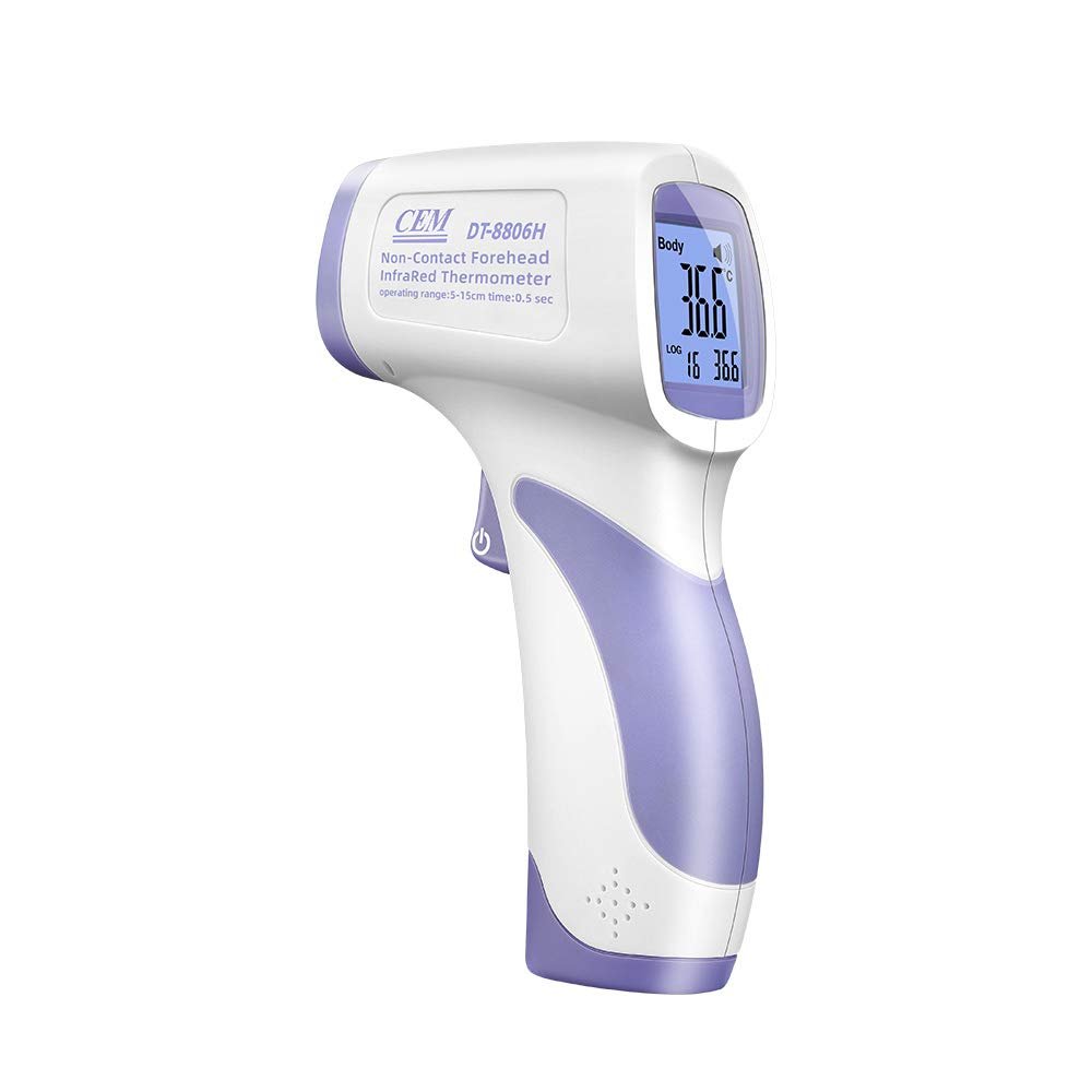 Contactless infrared fever thermometer CEM DT-8806H, medical device for temperature screening, precise non-contact measurements.
