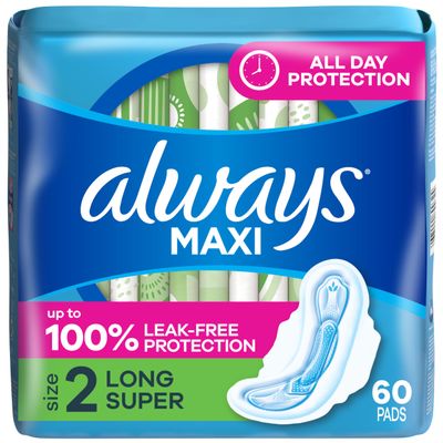Always Maxi Feminine Pads for Women, Size 2 Long Super Absorbency, with Wings, Unscented, 60 Count