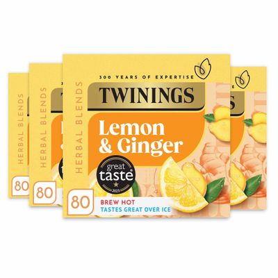 Twinings Lemon and Ginger Flavoured Tea -320 Biodegradable Bags (Multipack of 4 x 80), Caffeine-Free Herbal Tea with Zesty Lemon & Spicy Ginger Flavor, Refreshing & Soothing Beverage
