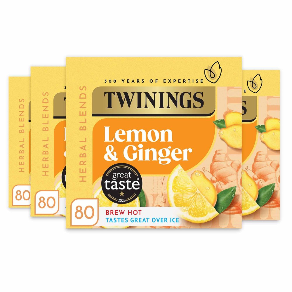 Twinings Lemon and Ginger Flavoured Tea -320 Biodegradable Bags (Multipack of 4 x 80), Caffeine-Free Herbal Tea with Zesty Lemon & Spicy Ginger Flavor, Refreshing & Soothing Beverage