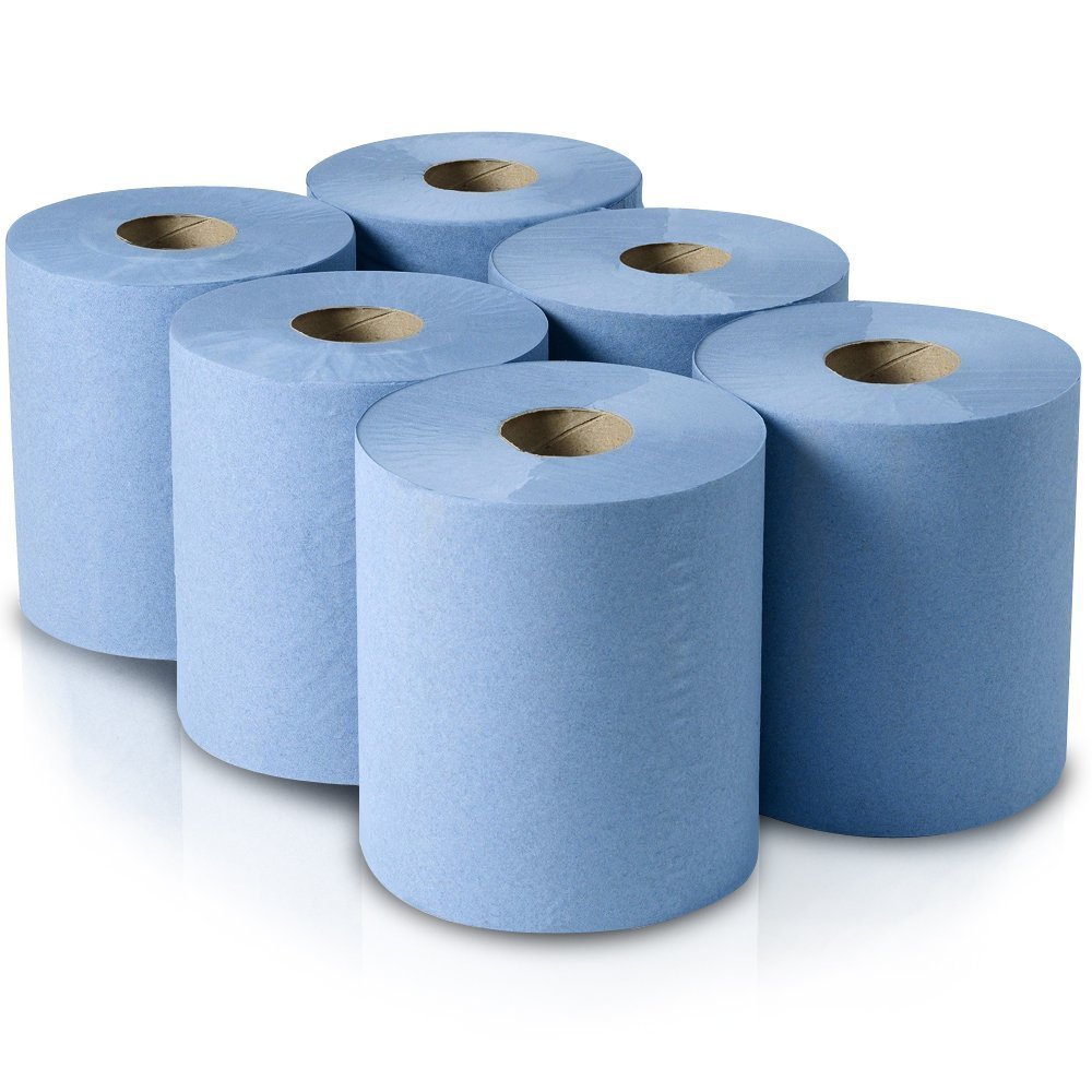 The Chemical Hut 6 x Blue Embossed Centre Feed Paper Rolls. Ideal for Industrial Use & Care Homes
