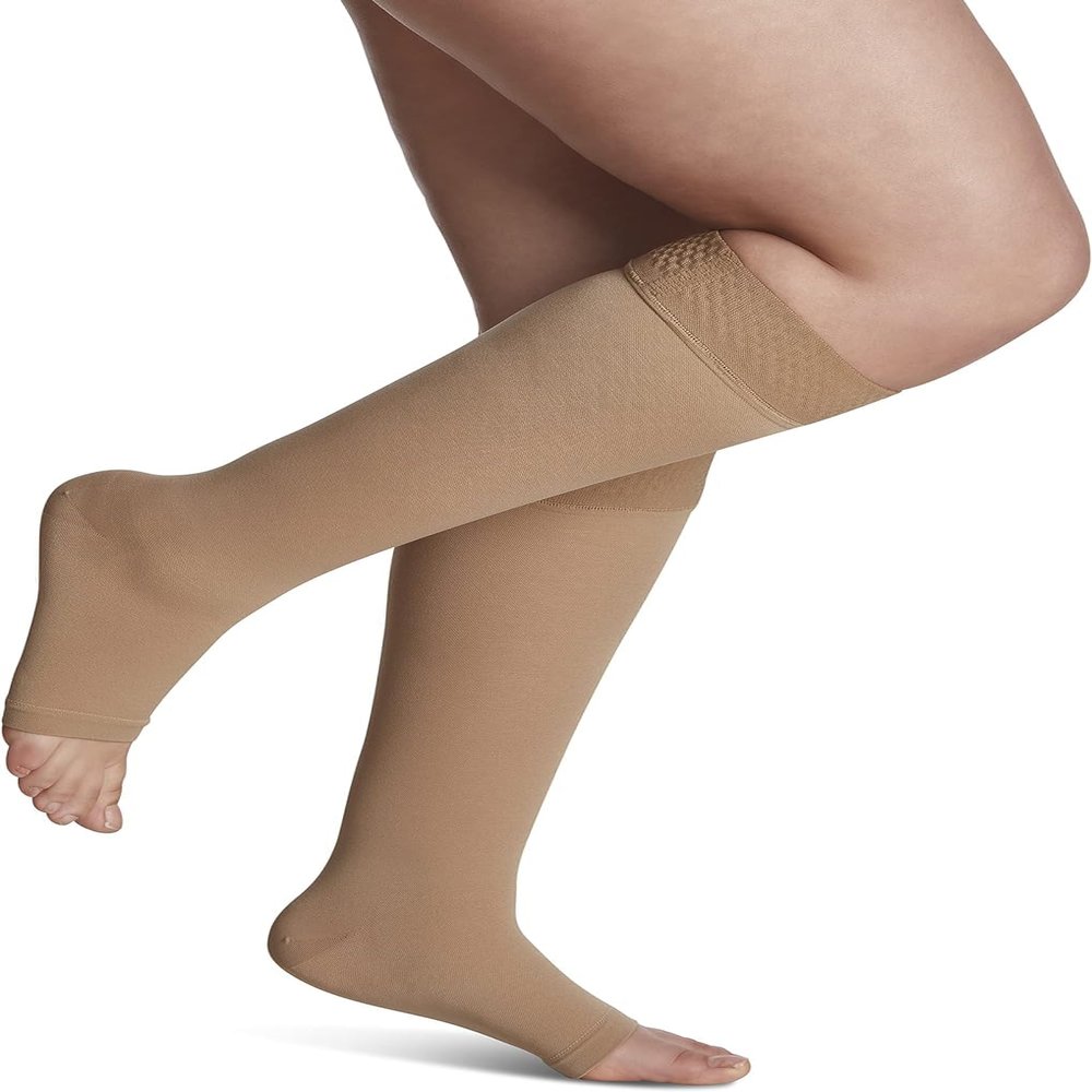SIGVARIS Mens & Womens Essential Opaque 860 Open Toe Calf-High Socks w/Grip Top 20-30mmHg - Large Short - Nude