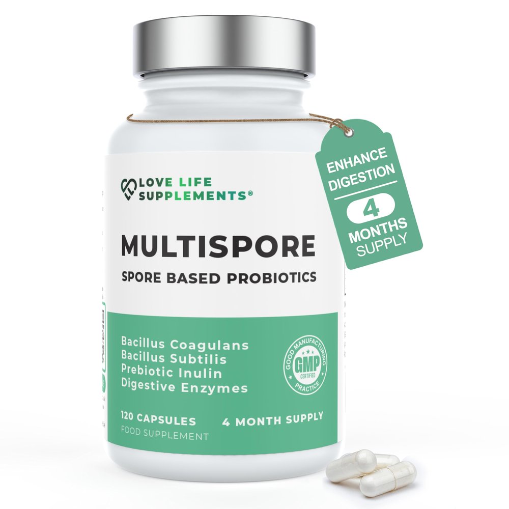 MultiSpore Plus Probiotics, 4 Month Supply - 120 Capsules, Bacillus Coagulans & Bacillus Subtilis Spore Based Probiotic, Bloating Relief/Gut Health, with Digestive Enzymes & Prebiotic Inulin, UK Made