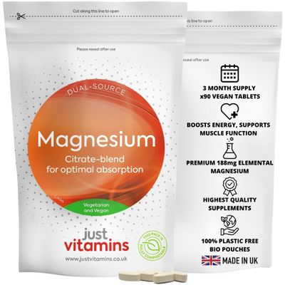 Magnesium 188mg | 90 Vegan Tablets | Supports Energy, Muscle Function & Nervous System Health | Reduces Tiredness & Fatigue | Strong Bone Support | High Absorption Formula | UK Made