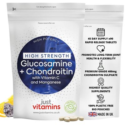 Glucosamine and Chondroitin High Strength 500mg/400mg | Joint Health & Collagen Formation Support | with Vitamin C + Manganese | 90 Tablets | UK Made - Just Vitamins