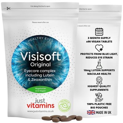 Visisoft Lutein 10mg with Zeaxanthin & Bilberry | 90 Vegan Capsules | | Eye Health & Vision Support. Protects from Blue Light | Added Vitamin A, Riboflavin & Zinc | UK Made - Just Vitamins