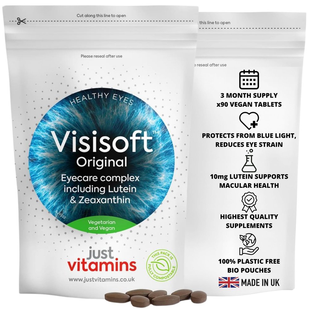 Visisoft Lutein 10mg with Zeaxanthin & Bilberry | 90 Vegan Capsules | | Eye Health & Vision Support. Protects from Blue Light | Added Vitamin A, Riboflavin & Zinc | UK Made - Just Vitamins