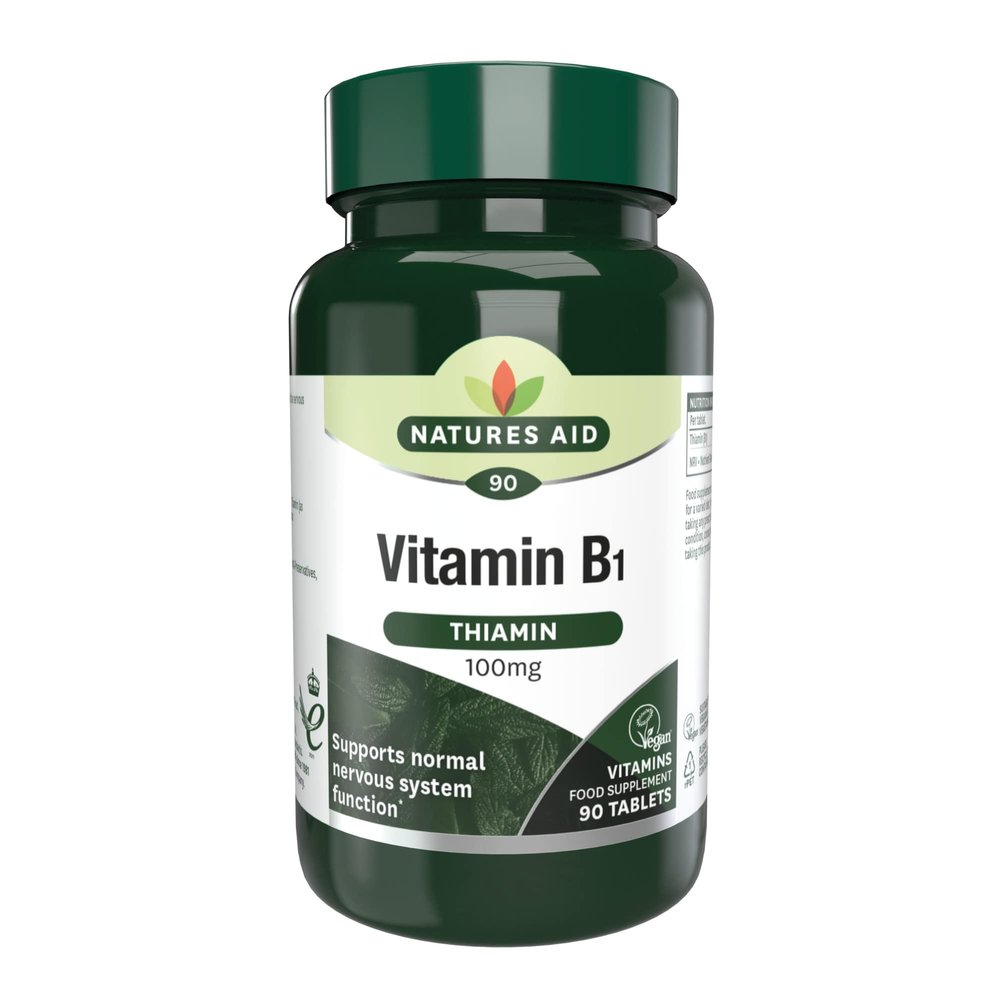 Natures Aid Vitamin B1 100mg Thiamine Tablets  High Strength Food Supplement  Supports Energy Metabolism, Nervous System, Heart & Mind  Vegan, Gluten-Free, Non-GMO  90 Tablets