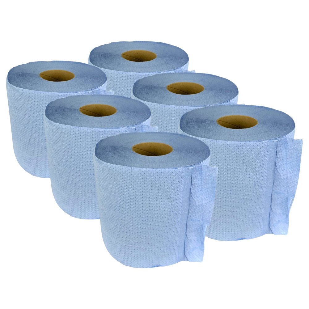 6 PACK EMBOSSED BLUE CENTREFEED 2 PLY PAPER HAND TOWEL WIPING ROLLS