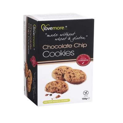 Lovemore Gluten-Free Chocolate Chip Cookies 150g 9 Biscuits per pack (Case of 12, Total of 108 Choc chip Cookies)