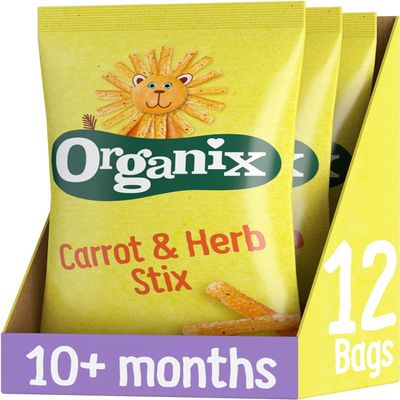 Organix Carrot Stix Organic Toddler Snack, Finger Food, Corn Puffs, 10+ Months, Multipack, 4 x 15 g Bags Per Pack (3 Packs Total)