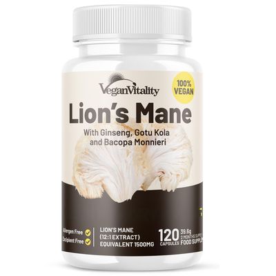 Lions Mane Supplement High Strength Capsules Complex - Mushroom Supplement Caffeine Free, Lions Mane Capsules - 120 Vegan Bacopa Monnieri, Gotu Kola, Ginseng Capsules