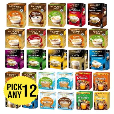 Mokate Gold, Gold Premium, Iced and NY Coffee Sachets. Pick Any 12 Packs from Classic, Chocolate, Caramel, Hazelnut, Vanilla Cappuccino, Mocha, Latte, Irish, Salted Caramel and White Chocolate Etc.