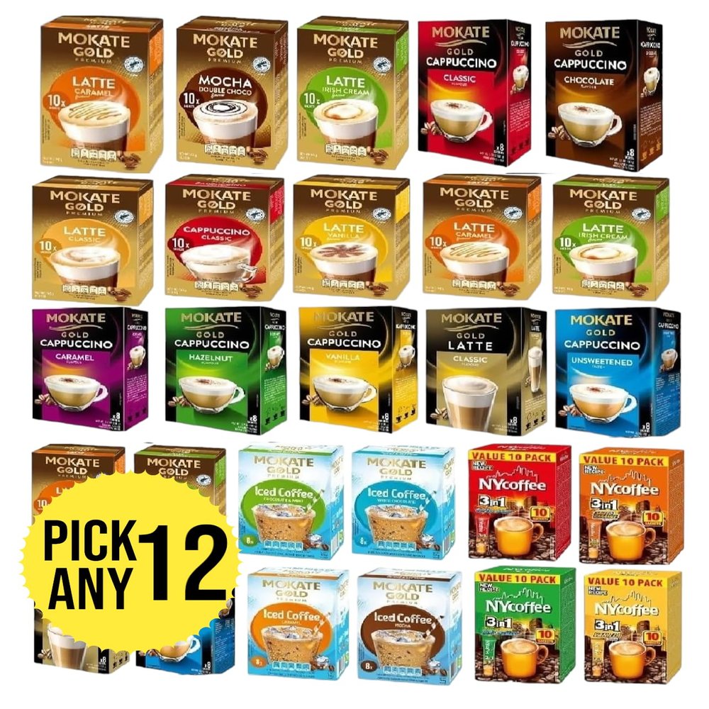Mokate Gold, Gold Premium, Iced and NY Coffee Sachets. Pick Any 12 Packs from Classic, Chocolate, Caramel, Hazelnut, Vanilla Cappuccino, Mocha, Latte, Irish, Salted Caramel and White Chocolate Etc.